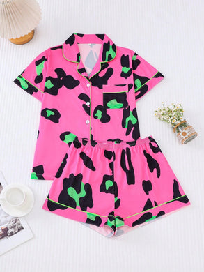 Set de 2 piezas de pijamavde tela de punto suave con estampado de leopardo