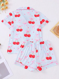 Set de 2 piezas de pijama con estampado de cerezas y lazo como decoración