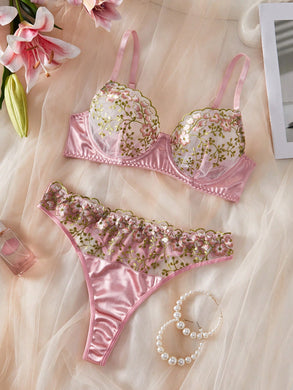 Set de 2 piezas Sujetador con aros bordado sexy