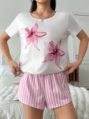 Set de 2 piezas de pijama de mujer de manga corta con estampado floral y shorts a rayas
