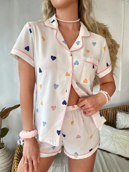 Conjunto de pijama con estampado de corazón unido en contraste